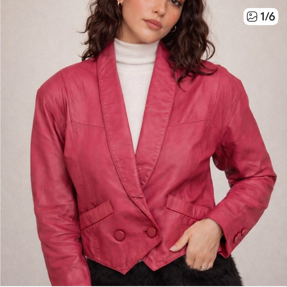Vintage Pelle Cuir Cropped Red Leather Blazer Structured 90s